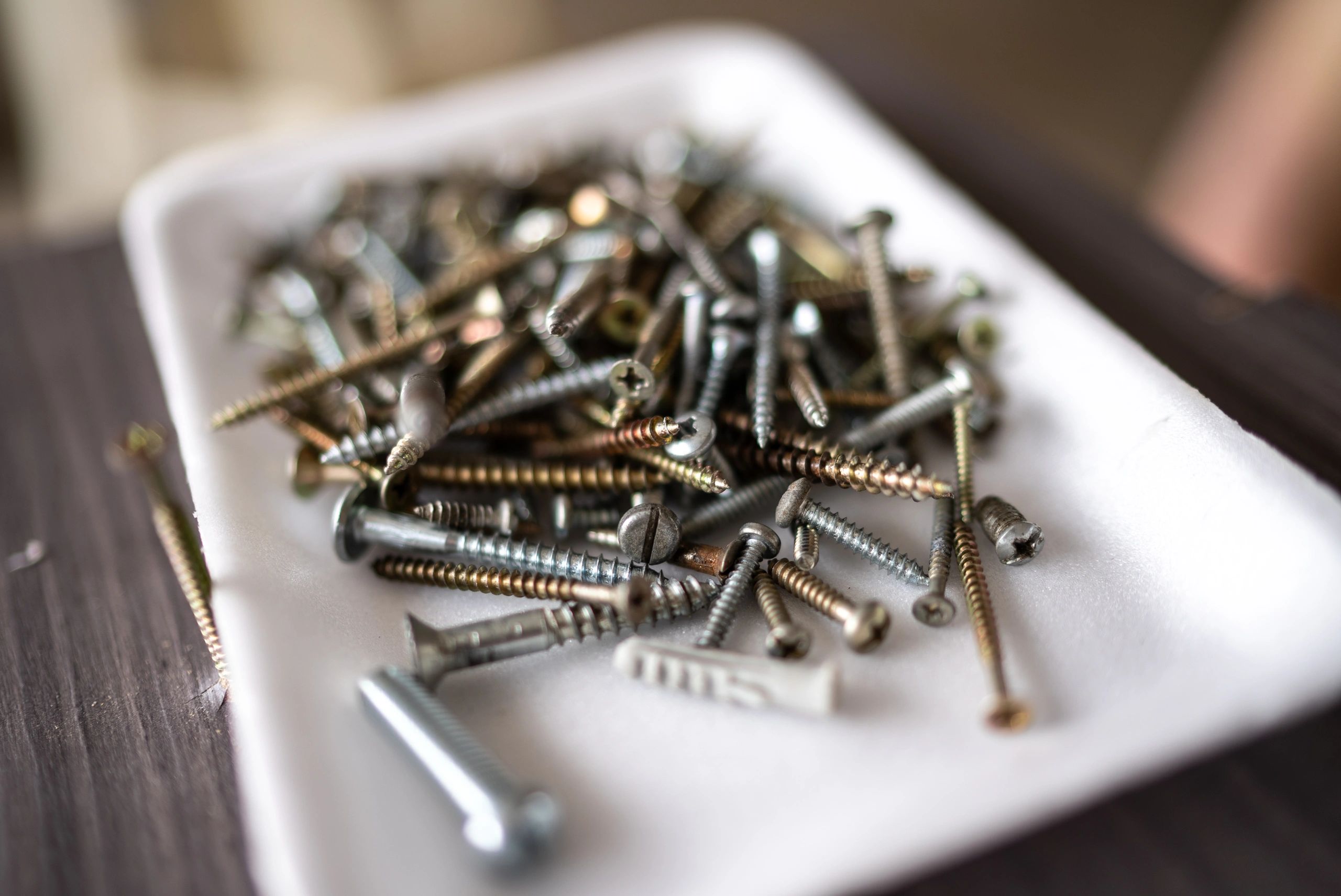 Close-up of construction screws and fasteners
