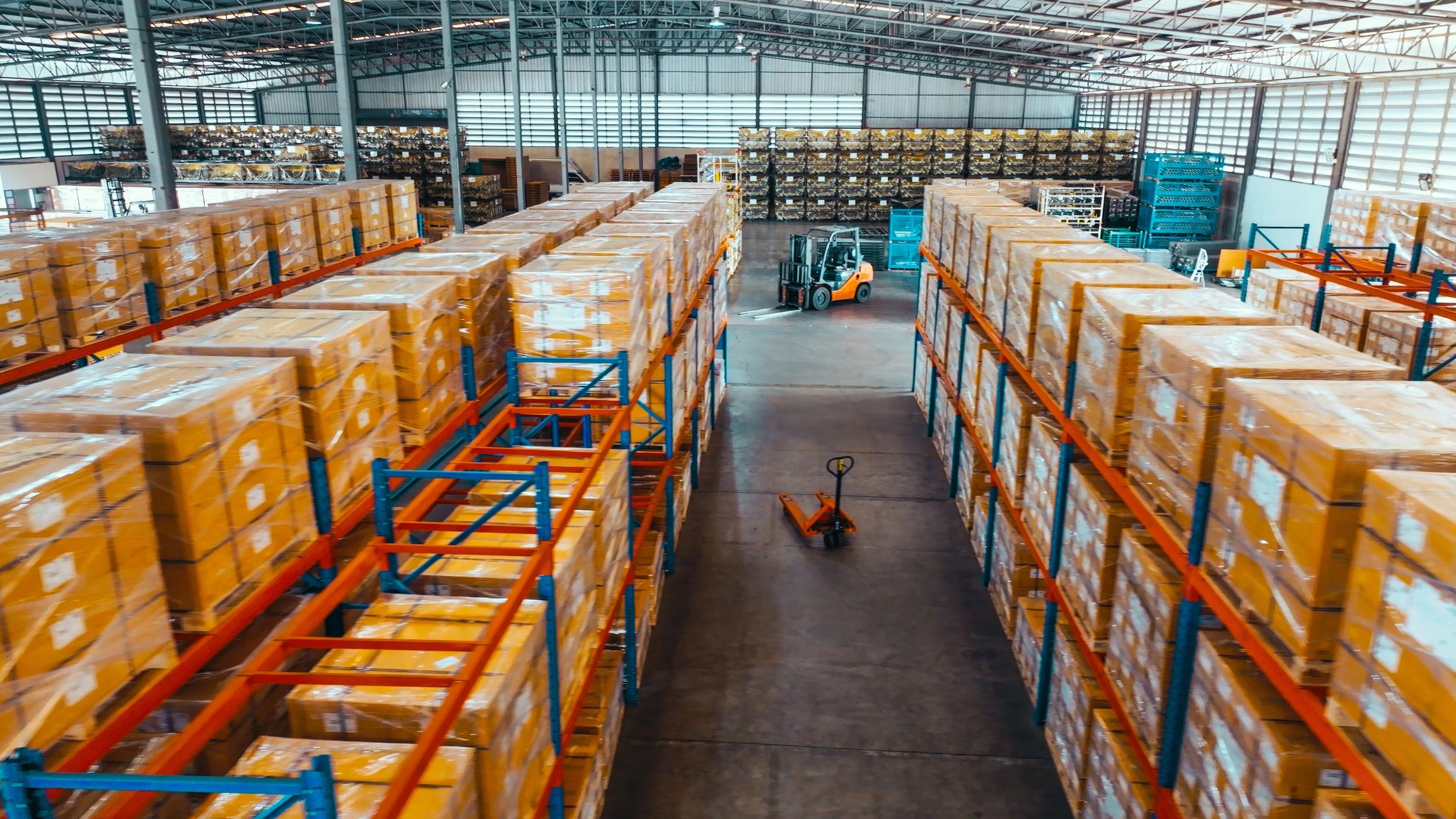 Warehouse shelving stocked with contractor supply inventory